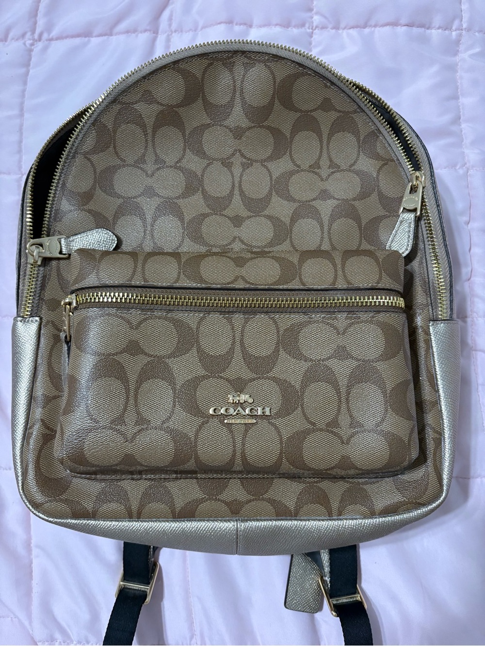 Coach Brown Signature Monogram Backpack with Metallic Trim